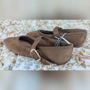 Women’s Brown Suede Mary Jane Flats with Buckle Strap